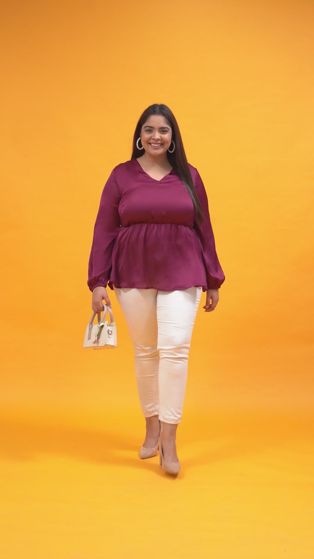 Plus Size Satin Top - Black V-Neck Long Sleeve Elasticated Peplum Blouse