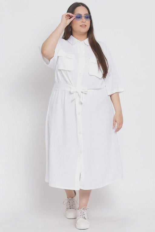 Basic White Plus Size Curvy Midi Shirt Dress For Women
