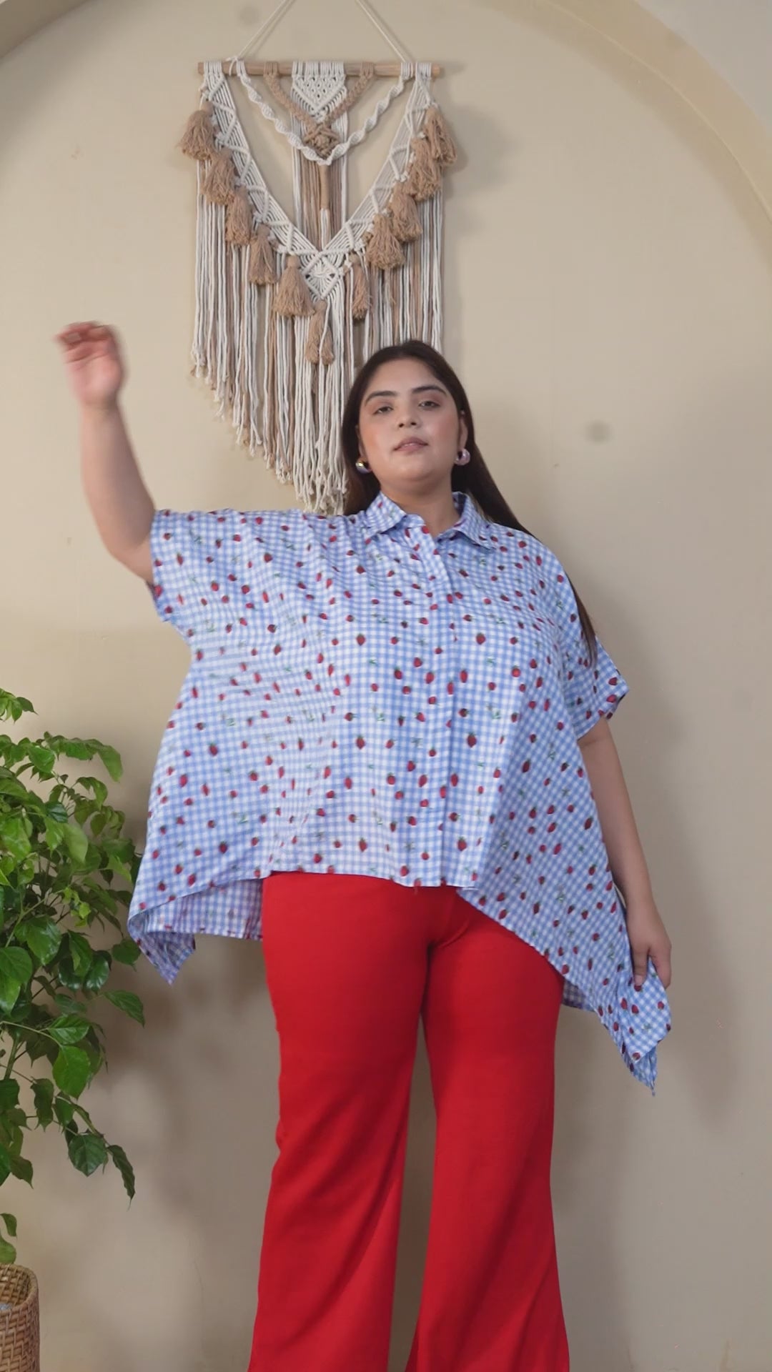 Blue Heart Print Button Down Short Sleeve High Low Cotton Blend Plus Size Women Top