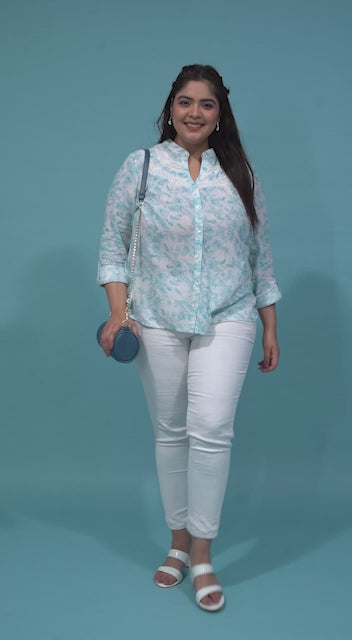 Green Crush Floral Print Buttoned Plus Size Cotton Shirt