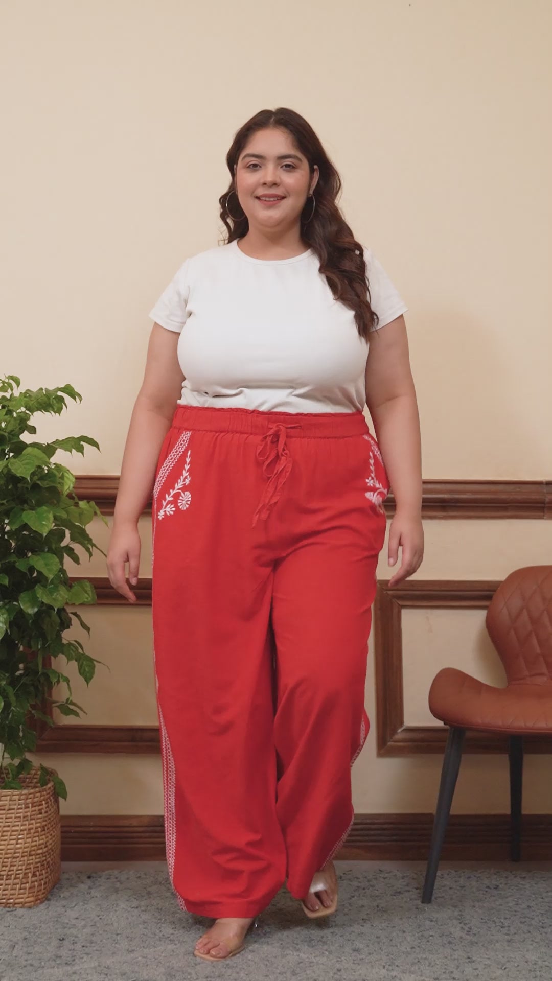Casual Red Elasticated With Tie -Up Detail Embroidered Plus Size Women Cotton Linen Pant