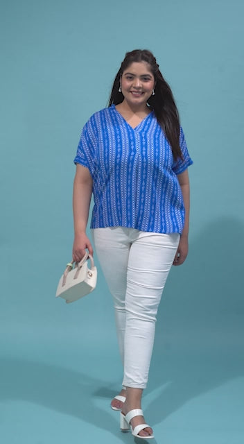 Plus Size Loopy Top - Blue Printed Casual Summer Shirt For Women