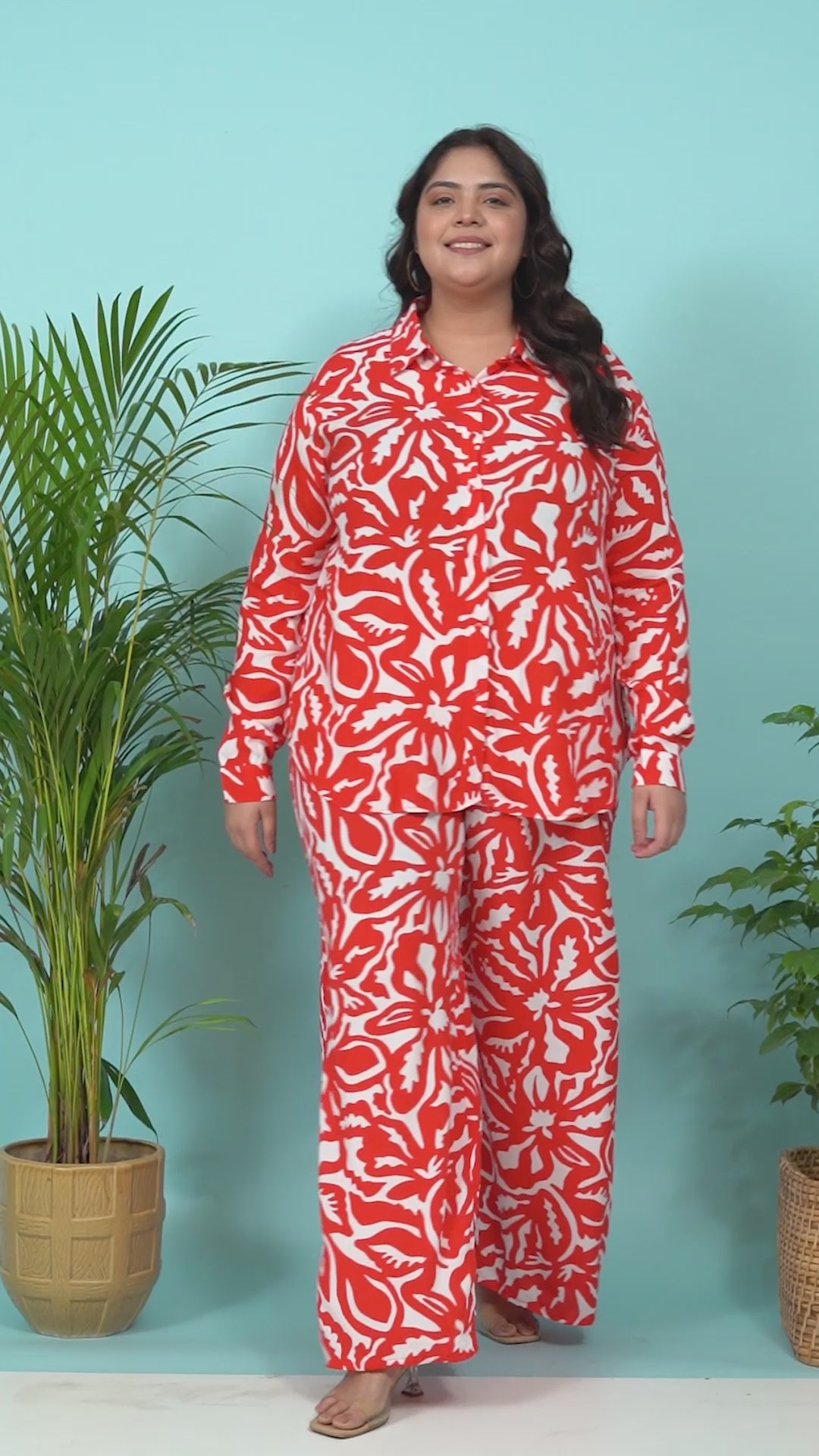 Hot Red Floral Print Collared Long Sleeve Button Down Plus Size Women Shirt