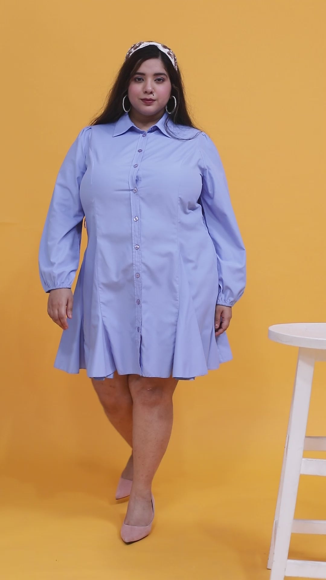 Magnified Blue Long Sleeve Button Down Plus Size Curvy Women Cotton Dress