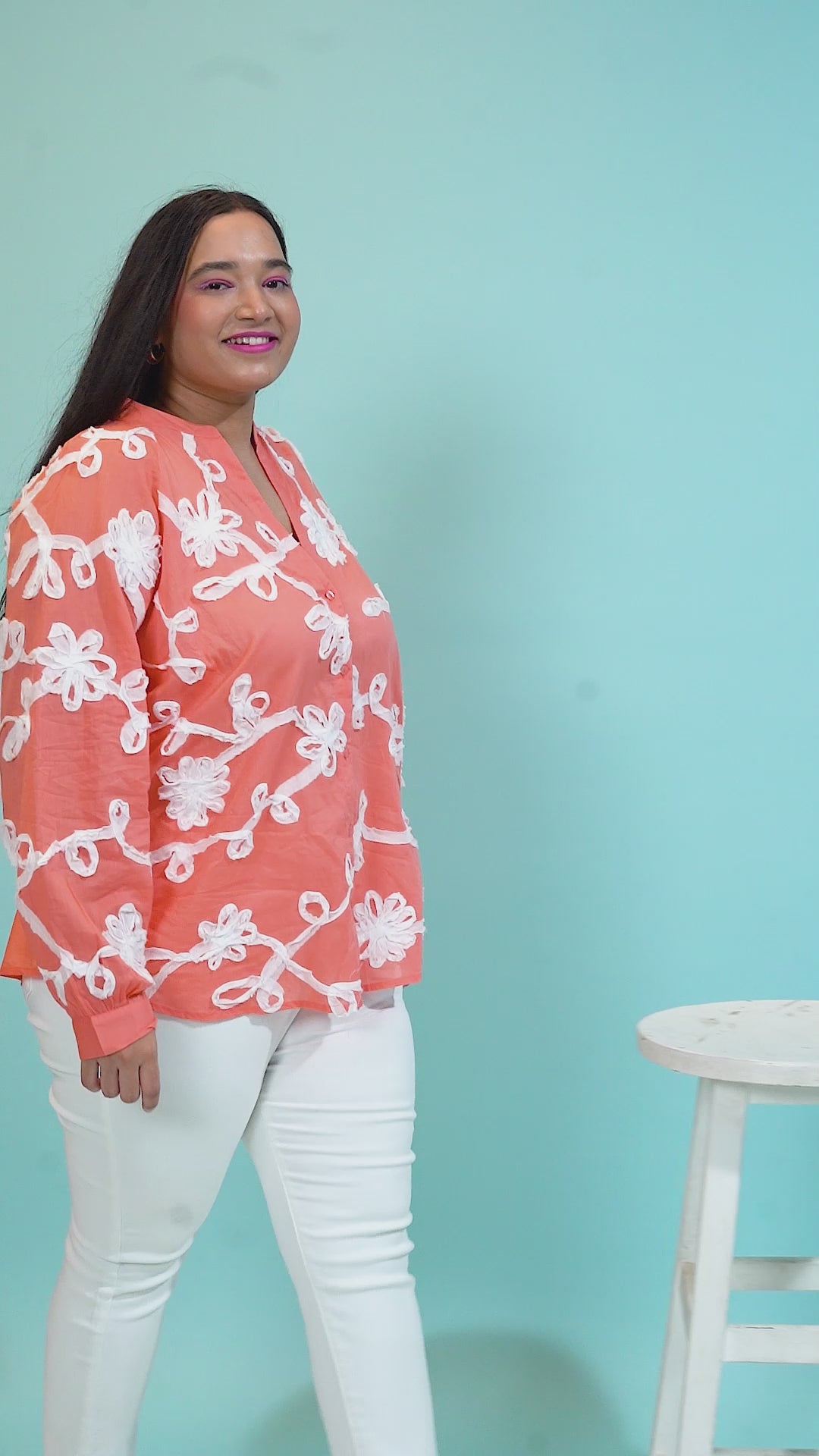 Pure Peach  Embroidered Long Sleeve  Plus Size Shirt