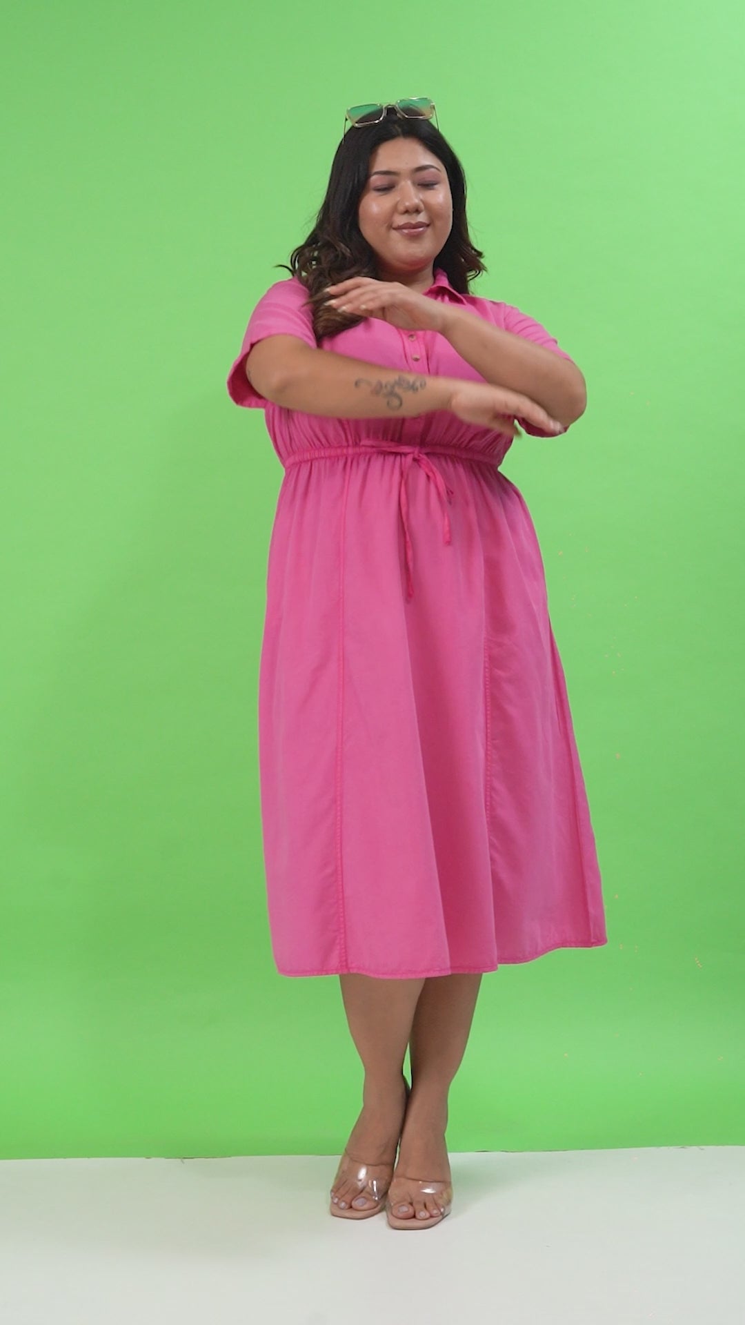 Plus Size Cotton Dress - Pink Collared Button Down With Elastic Waist Tie-Up