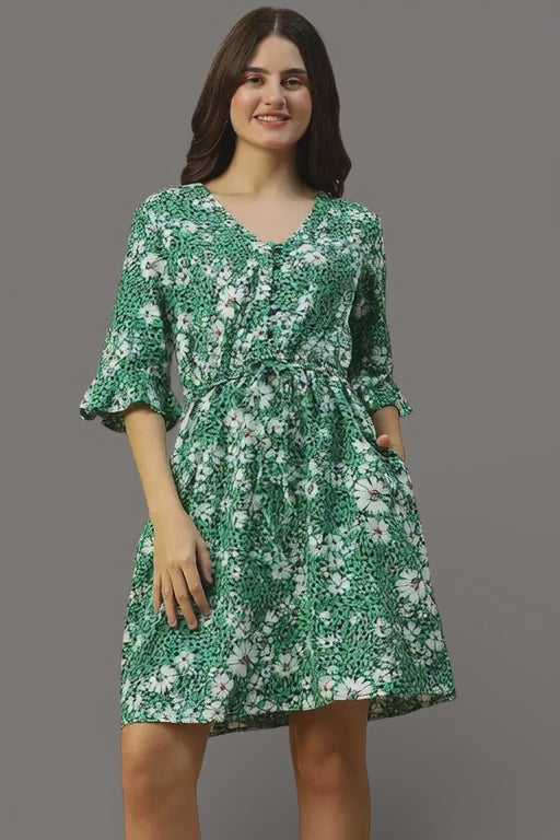 Green Floral Print Cotton Dress