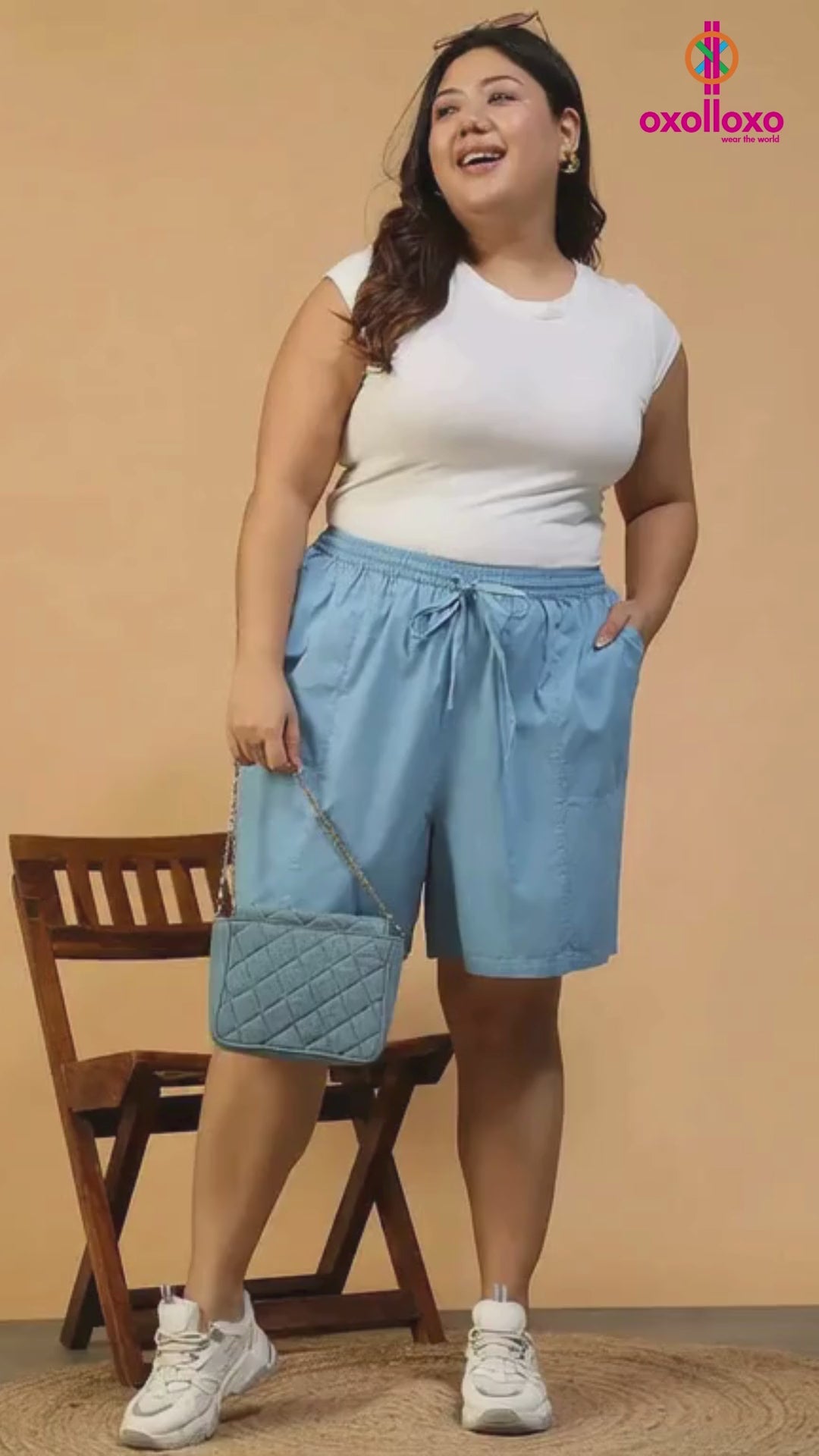 Plus Size Cotton Shorts â€“ Blue Elasticated Waist With Adjustable Tie-Up Detail