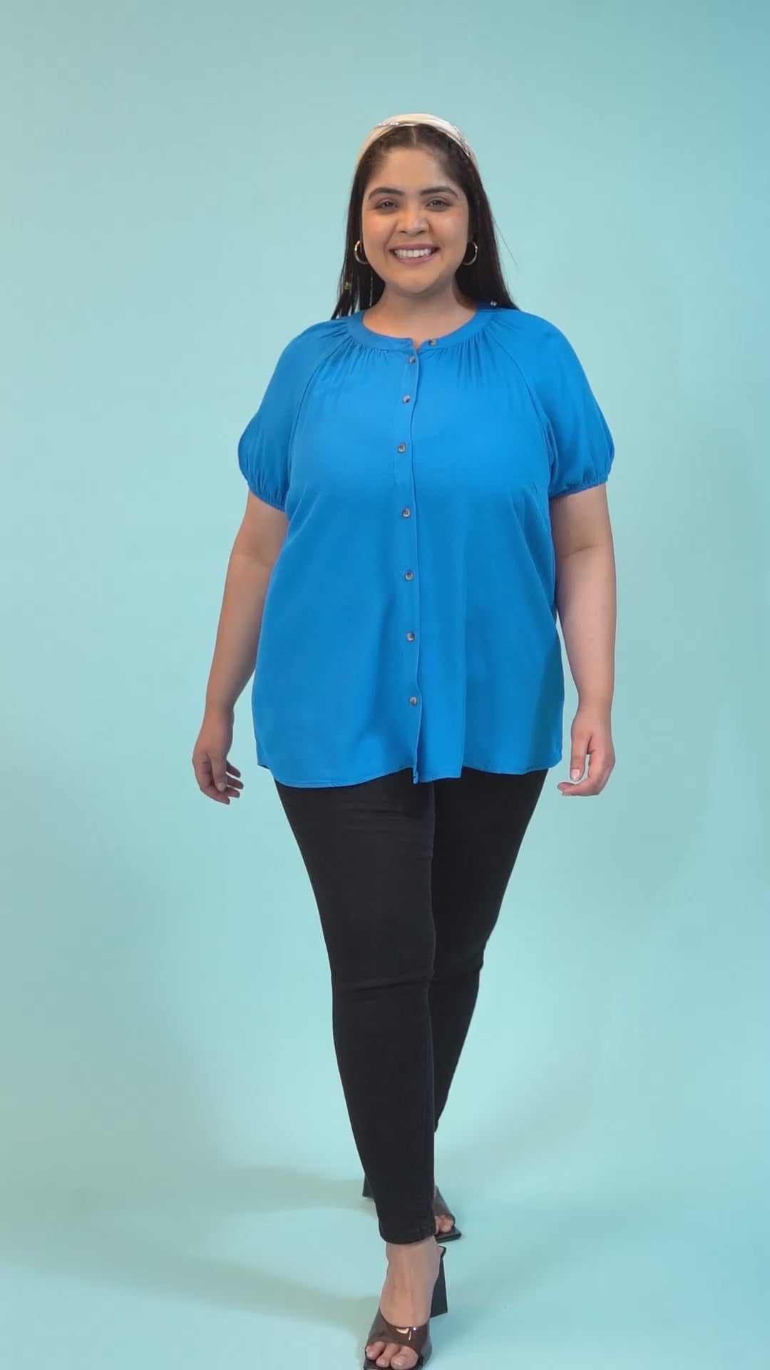Plus Size Blue Shirt - Womenâ€™s Curvy Fit Loopy Top With Button Placket