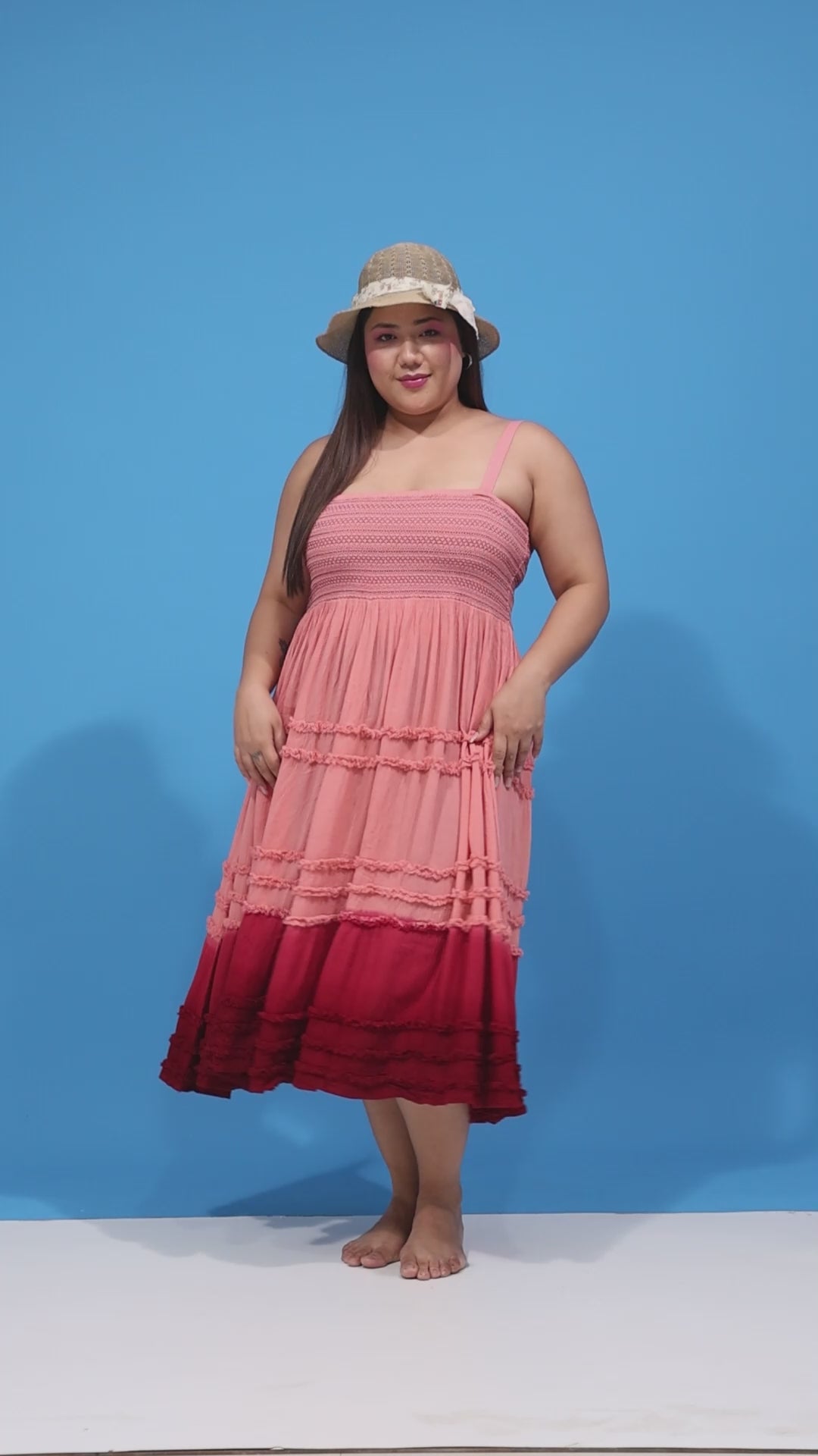 Glinting Pink Tie -Dye Ruffle Detail Smocked Plus Size Curvy Women Beachwear Dress