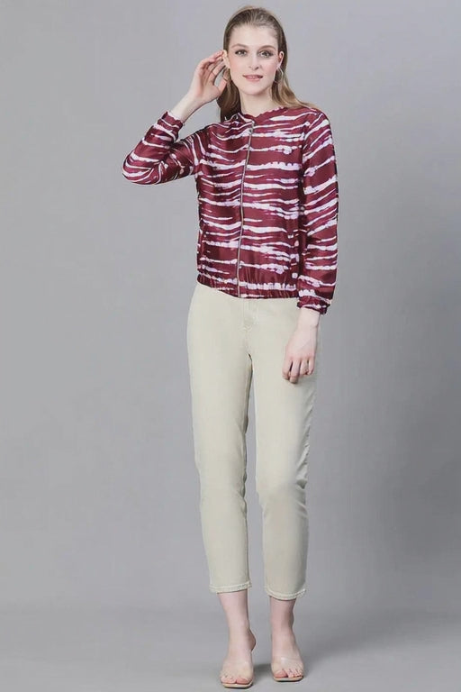 Women Wine Color Printed Round Neck Zip Lined Bomber Jacket
