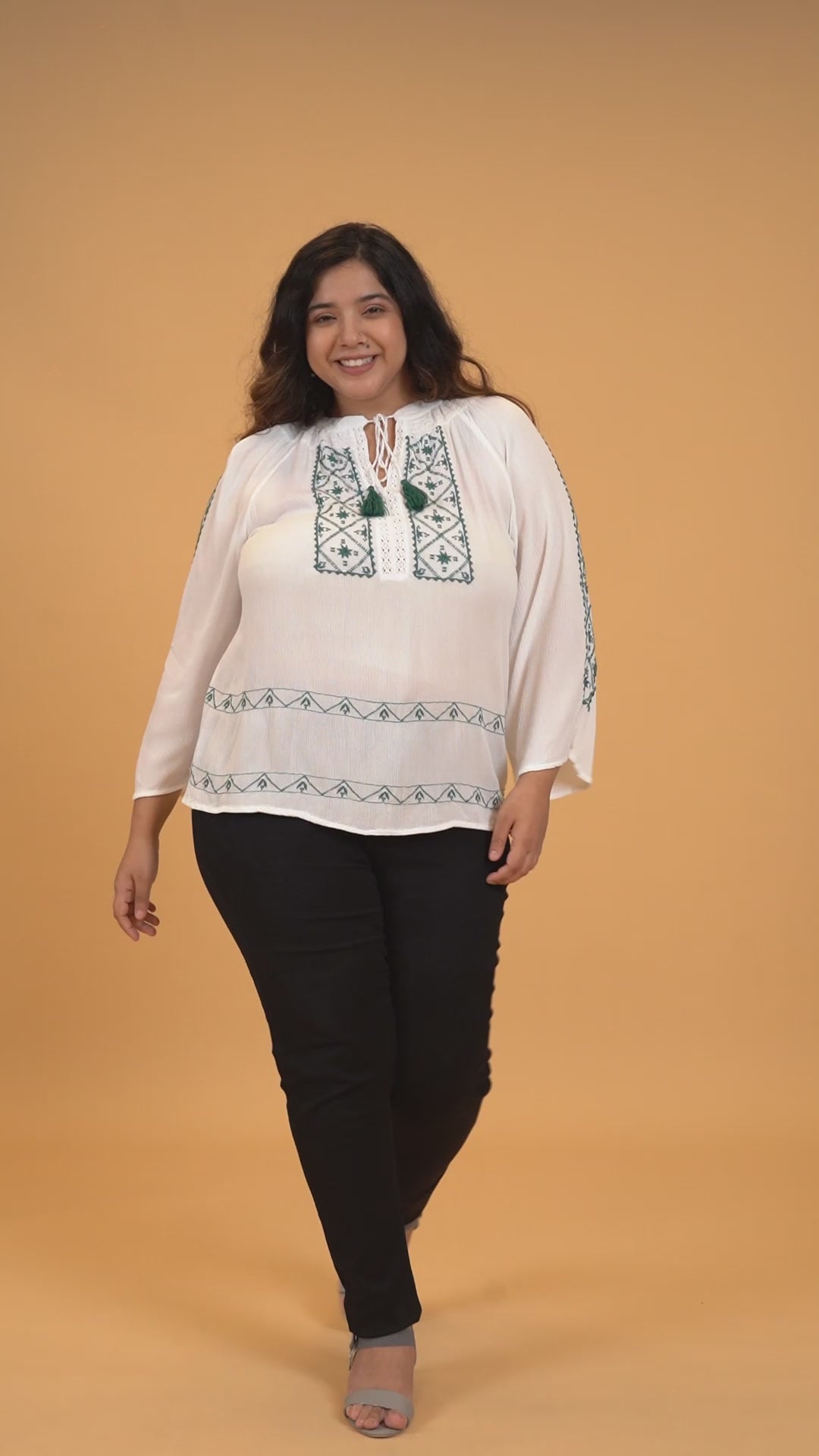 Plus Size Women Top â€“ White Embroidered Viscose Blouse With Long Sleeves