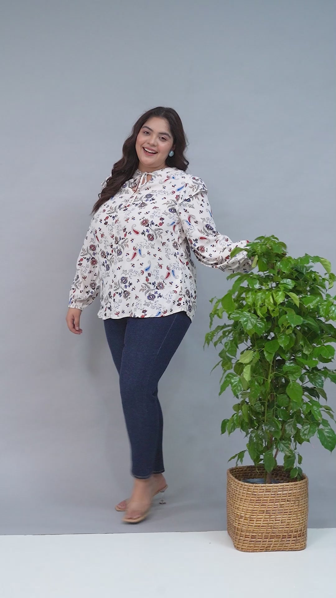 Plus Size Women Top - Multicolor Floral Print Round Neck With Tie-Up Detail & Ruffle Flair