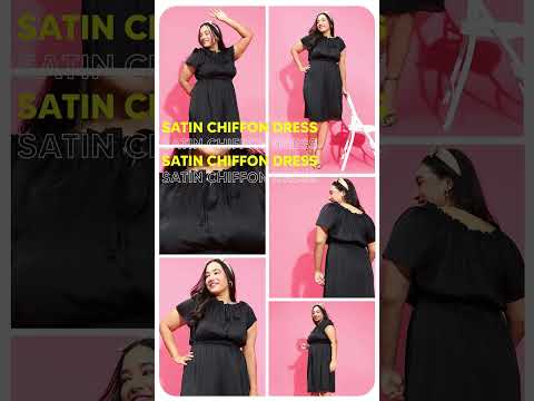 Smooth Black Ruffle Detailed Plus Size Curvy Satin Chiffon Dress